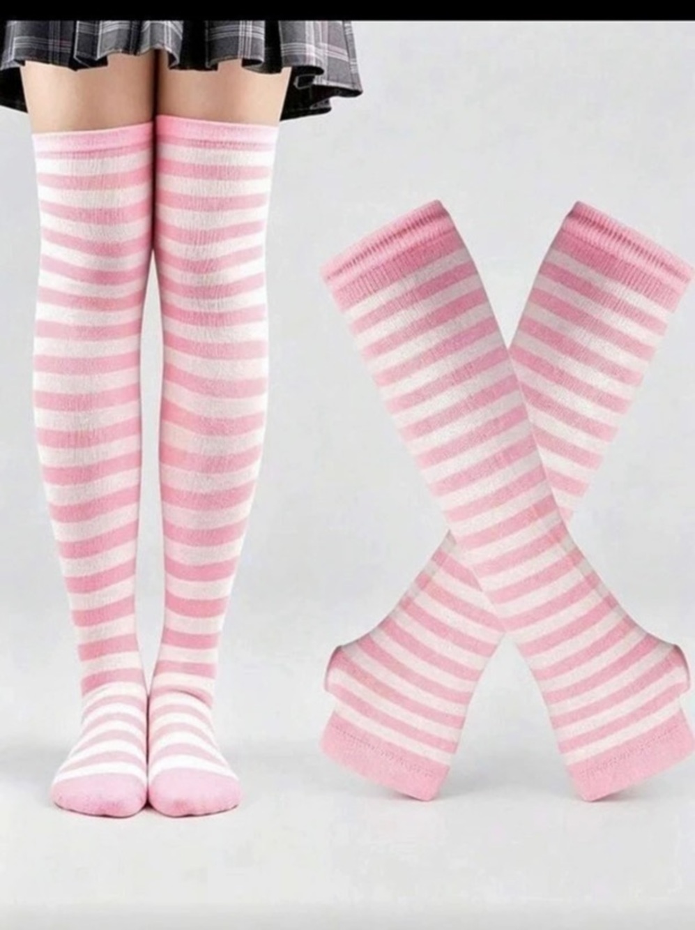 Pink & White Striped Over-the-Knee Socks & Gloves16
